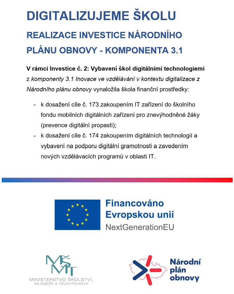 DIGITALIZUJEME ŠKOLU REALIZACE INVESTICE NÁRODNÍHO PLÁNU OBNOVY - KOMPONENTA 3.1